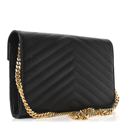 Saint Laurent Grain De Poudre Matelasse Chevron Monogram Chain Wallet Black 3 of 10