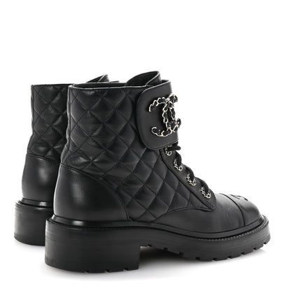 Chanel Shiny Lambskin Quilted Lace Up Combat Boots 37 Black 5 of 10