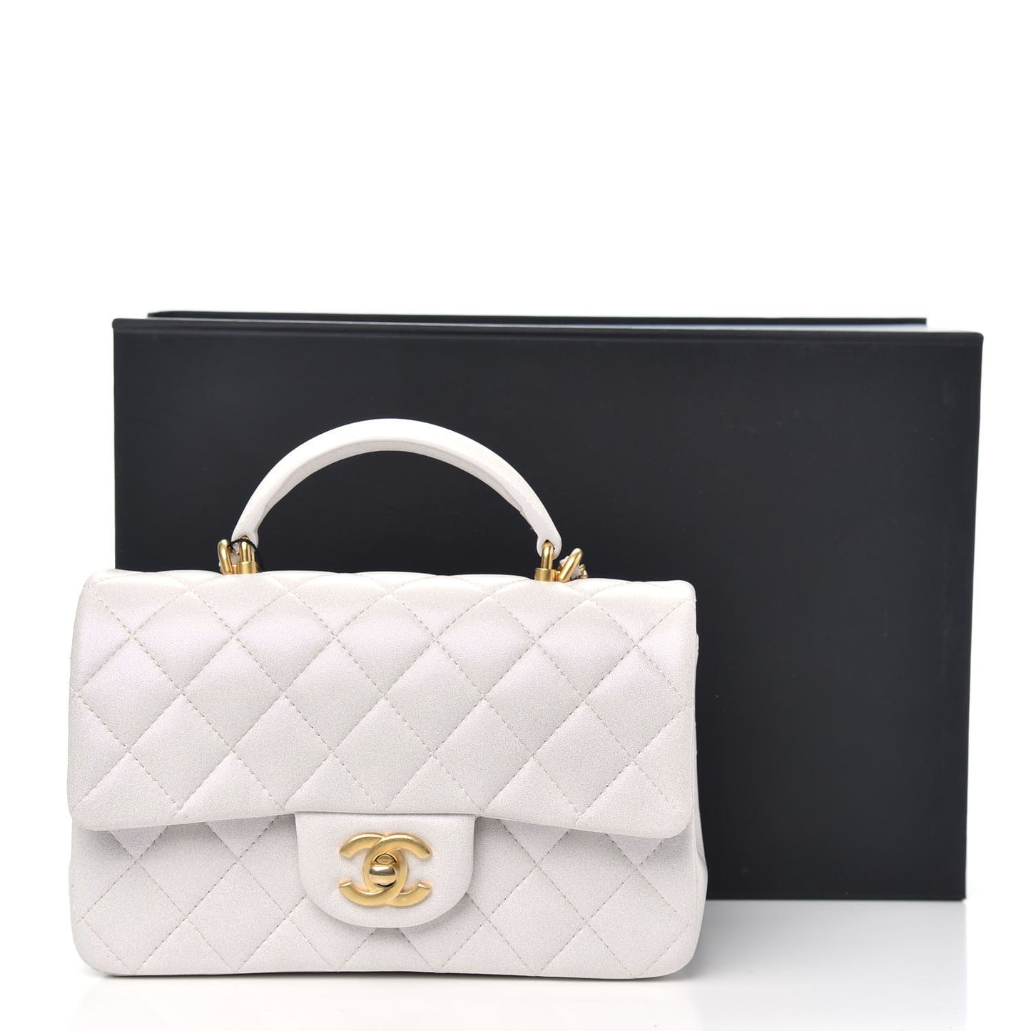 Iridescent Lambskin Quilted Mini Top Handle Rectangular Flap White