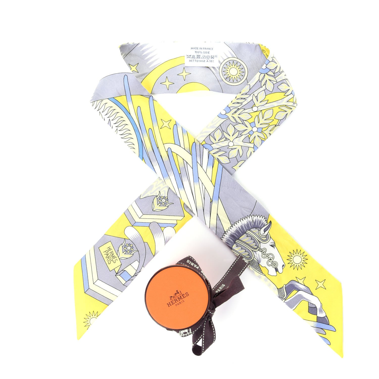Hermes Silk La Source de Pegase Twilly Jaune Vif Gris Perle 5 of 5