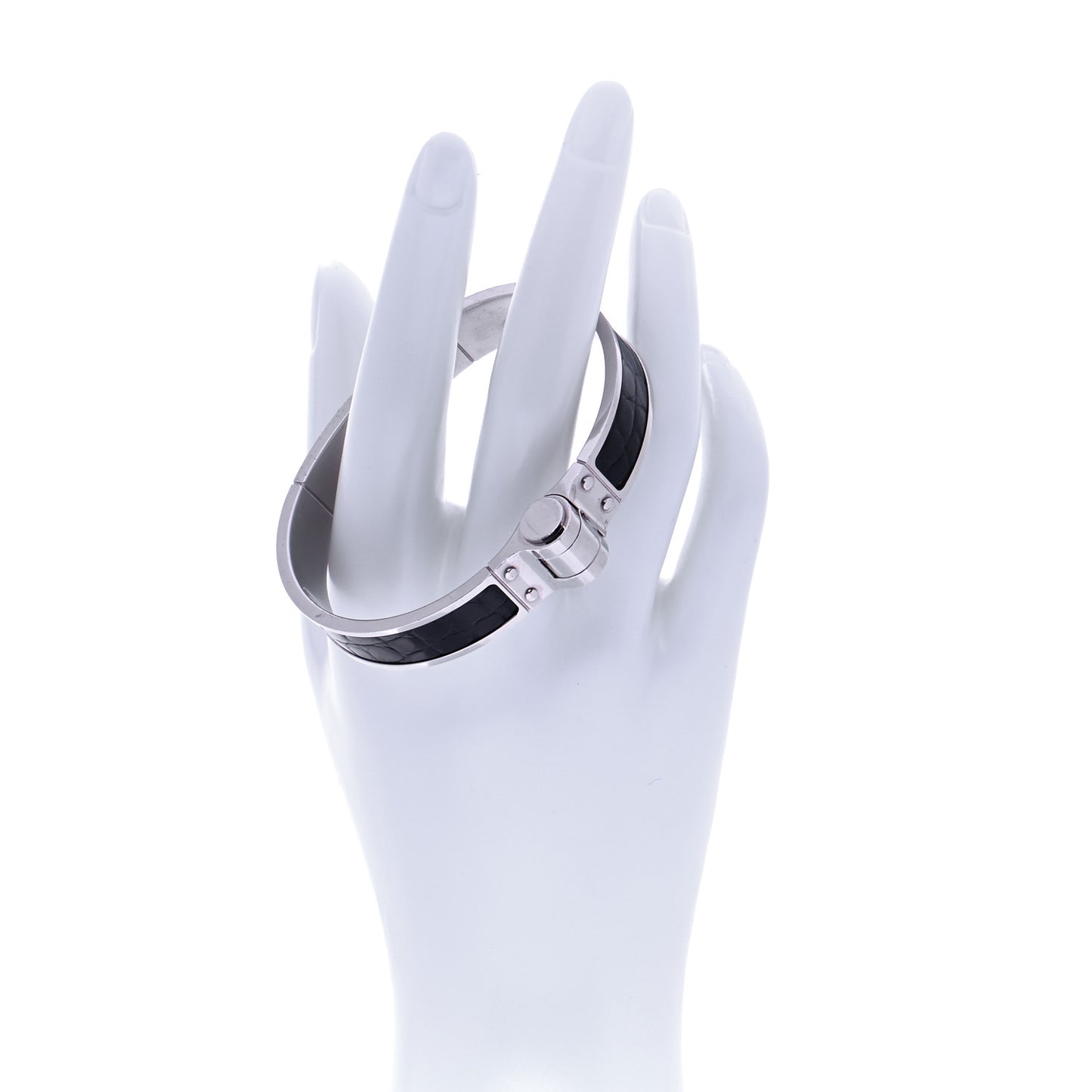 Crocodile Charniere Cuir Narrow Hinged Bracelet Black