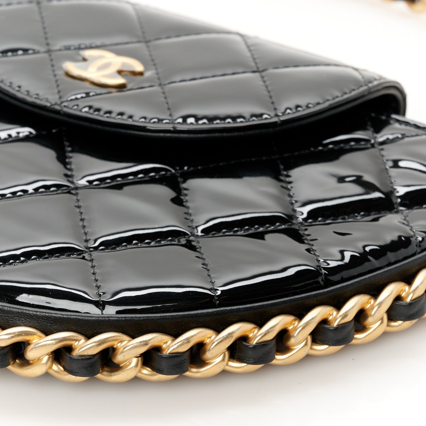 Patent Calfskin Quilted Chain Hoop Bag Black