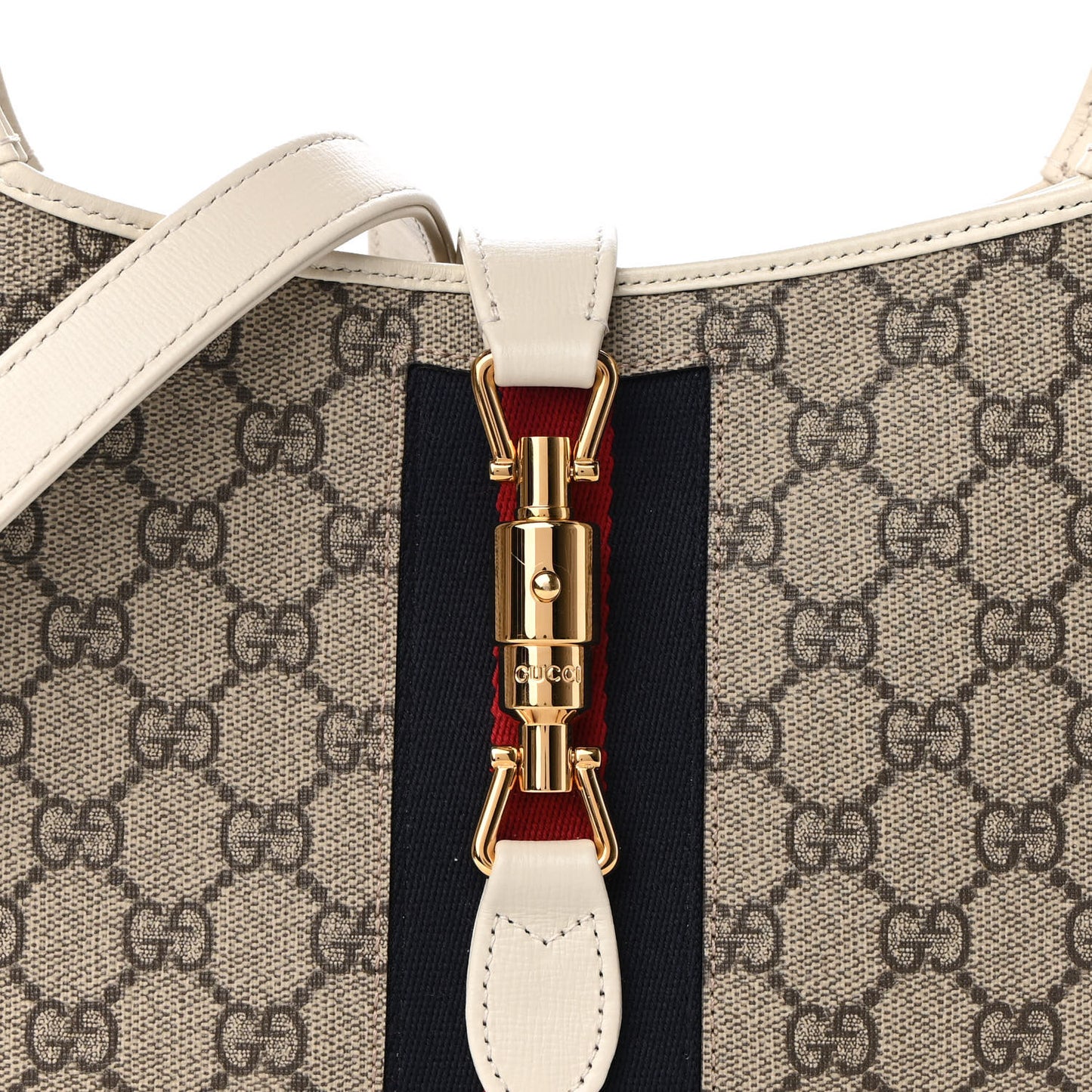 GG Supreme Monogram Azalea Calfskin Web Small Jackie 1961 Hobo Beige Ebony Mystic White