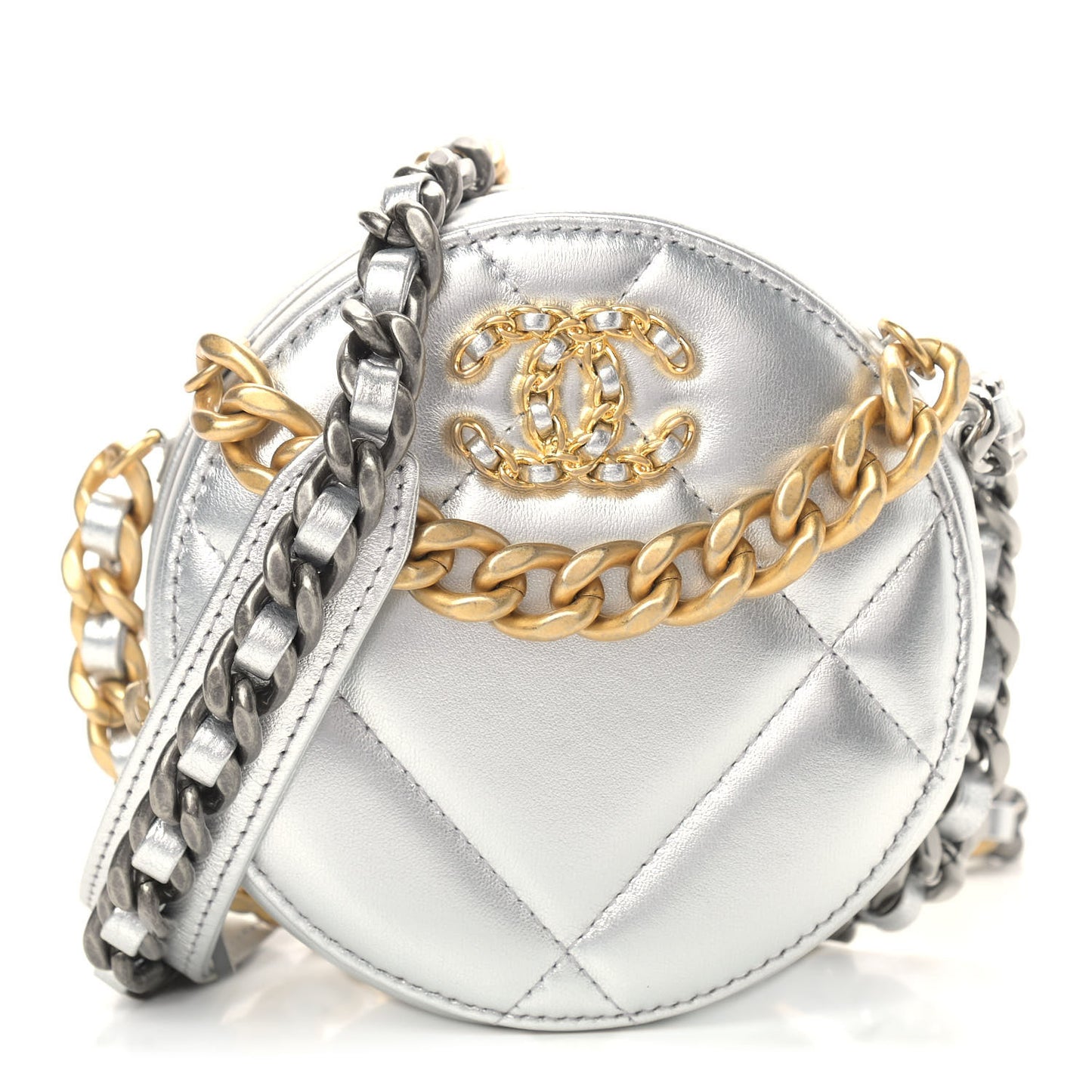 Metallic Lambskin Quilted Chanel 19 Round Clutch With Chain Silver