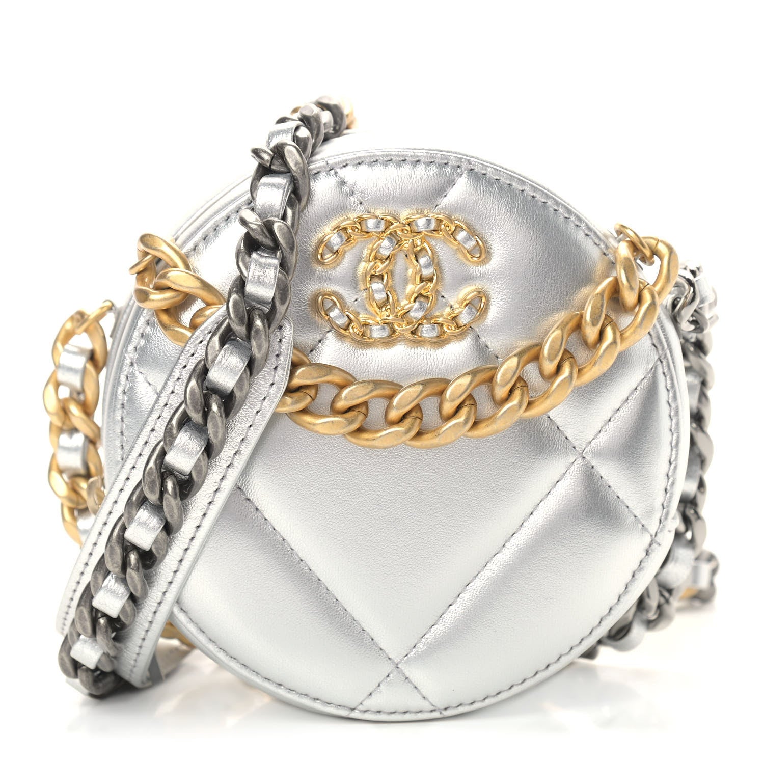 Chanel Metallic Lambskin Quilted Chanel 19 Round Clutch With Chain Silver 1 of 9