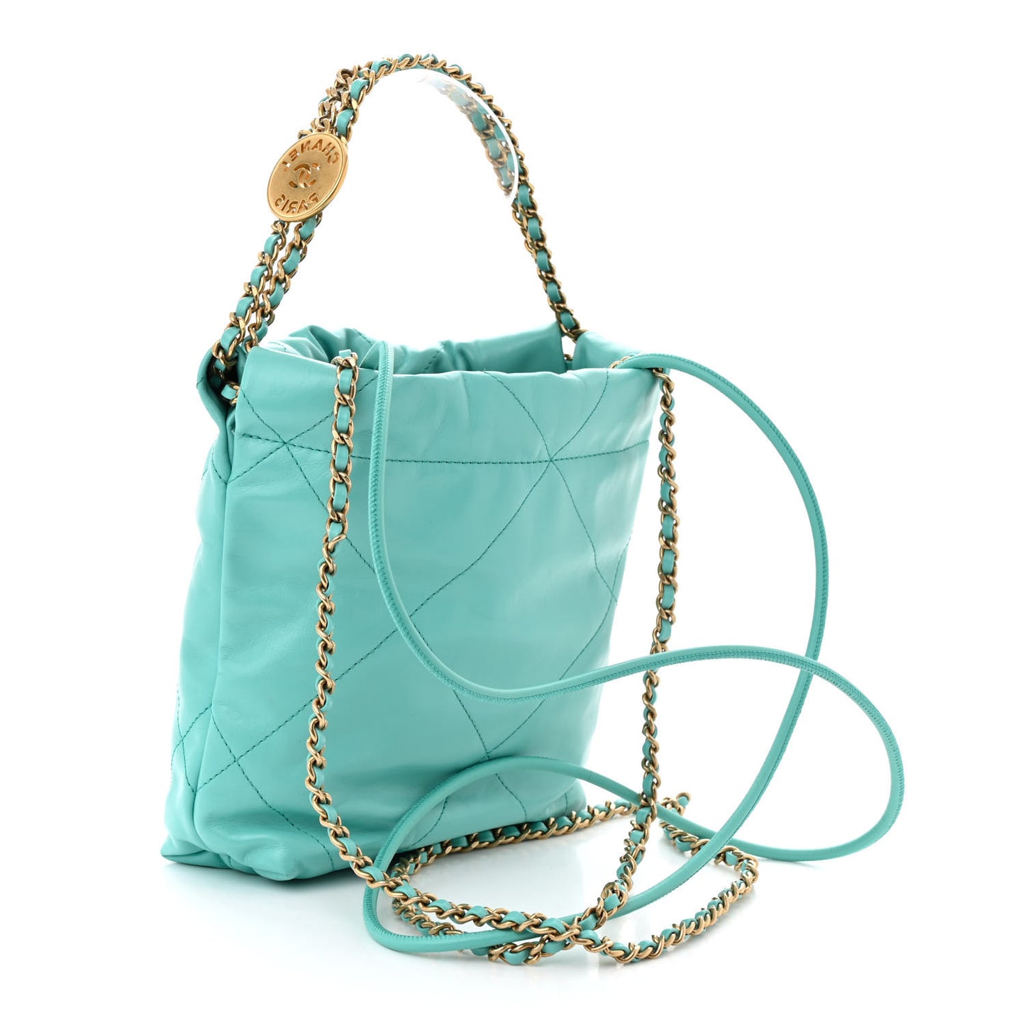 Shiny Calfskin Quilted Mini Chanel 22 Turquoise