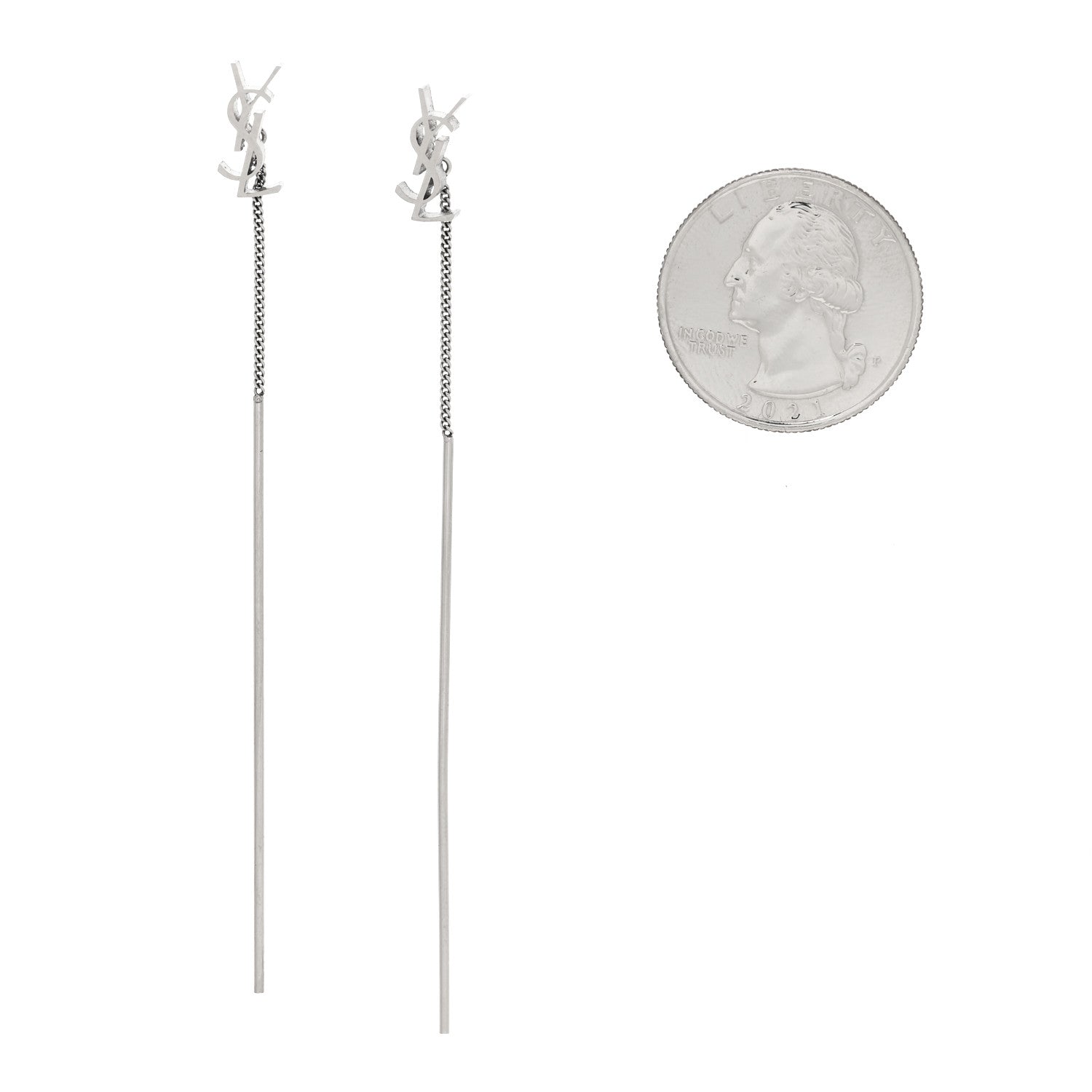Saint Laurent Metal Monogram Pendant Threader Earrings Silver 2 of 4