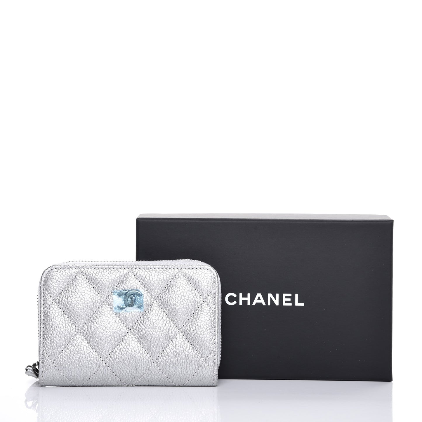 Metallic Caviar Quilted Zip Coin Purse Silver