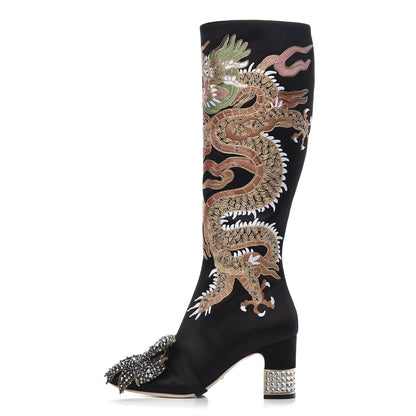 Gucci Silk Satin Malaga Kid Embroidered Candy Dragon Block-Heel Knee Boot 38 Black 1 of 8
