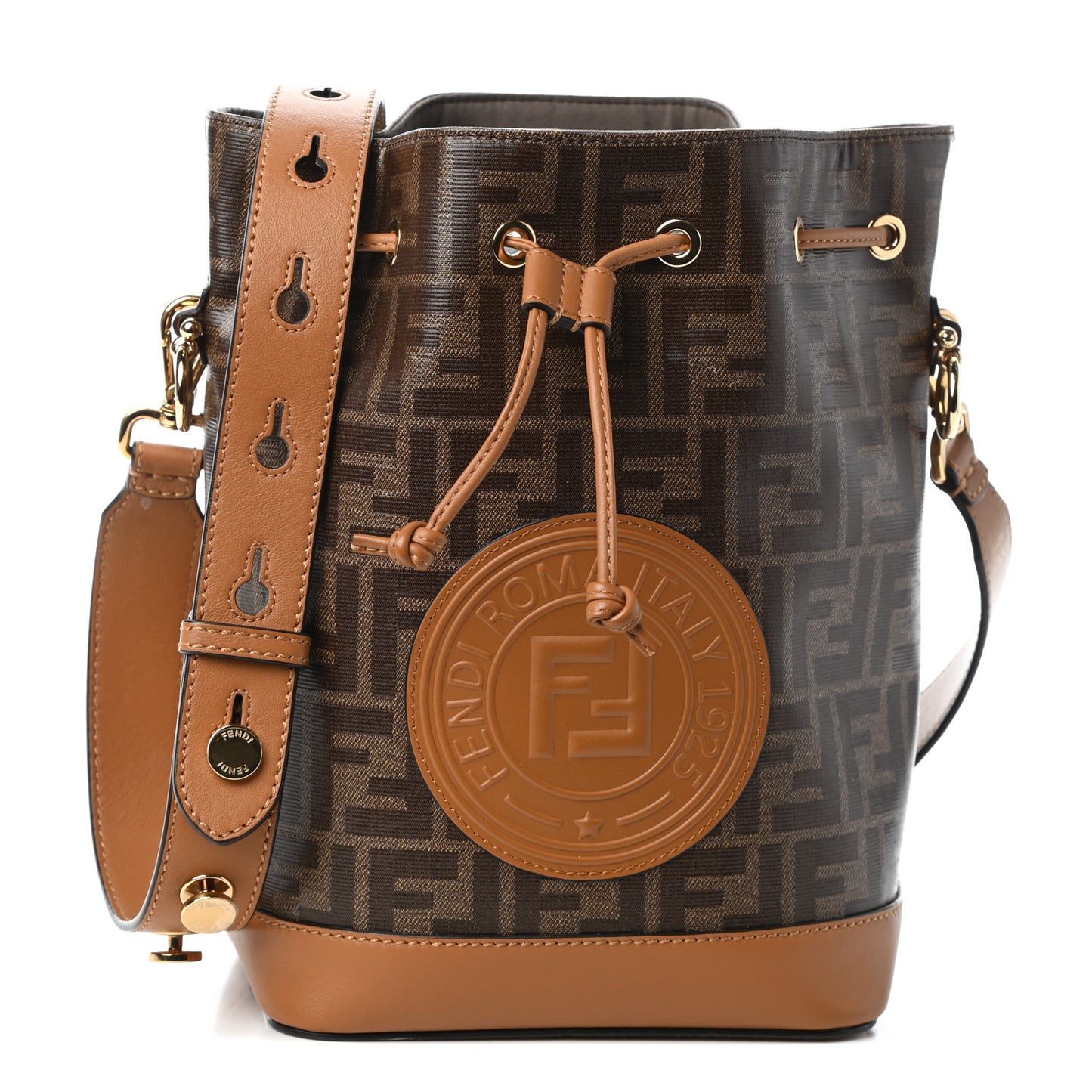 Glazed Fabric Vitello Grace F is Fendi FF 1974 Stamp Patch Grande Mon Tresor Bucket Bag Mogano Panna Nocciola