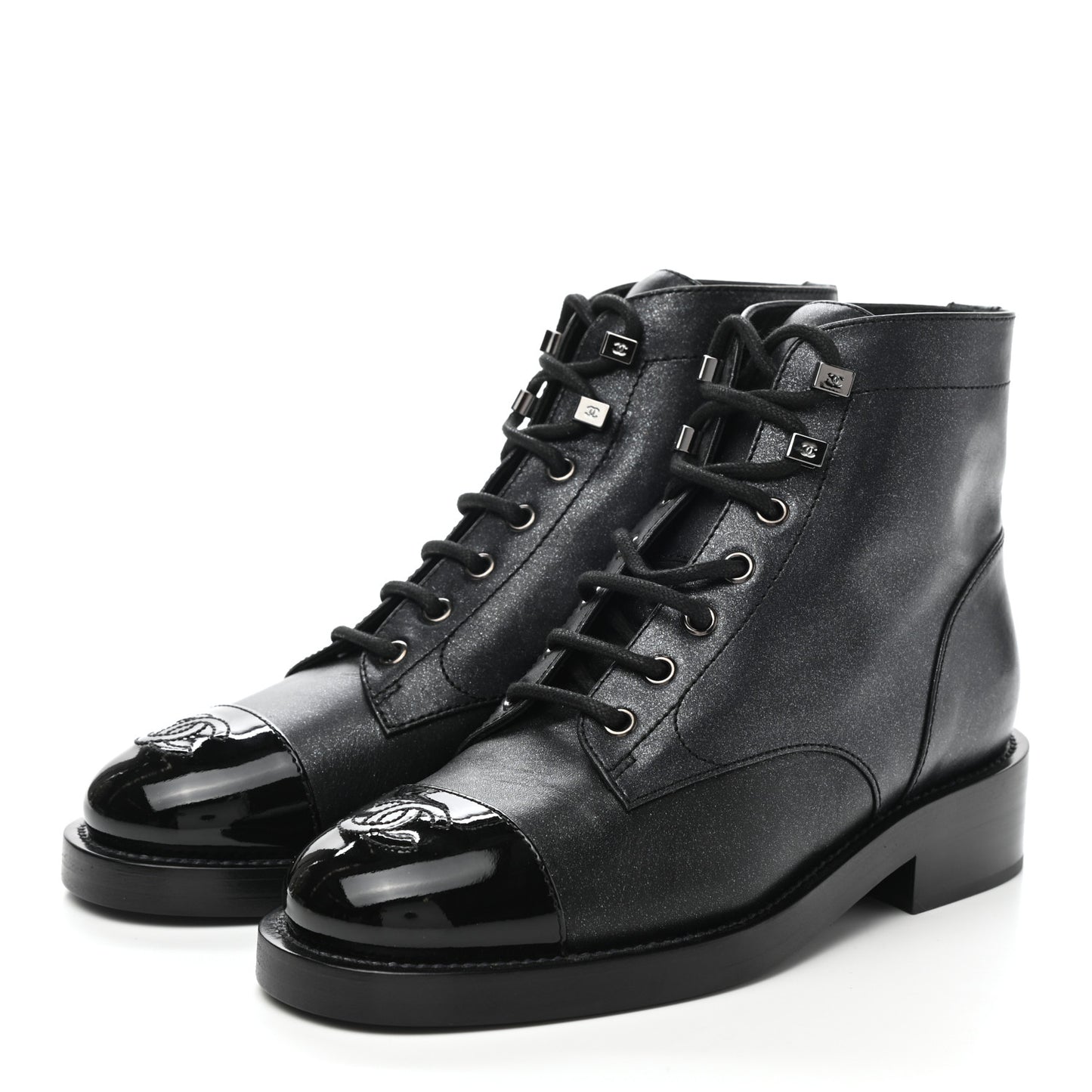 Glitter Calfskin Lace Up Combat Boots 36 Black