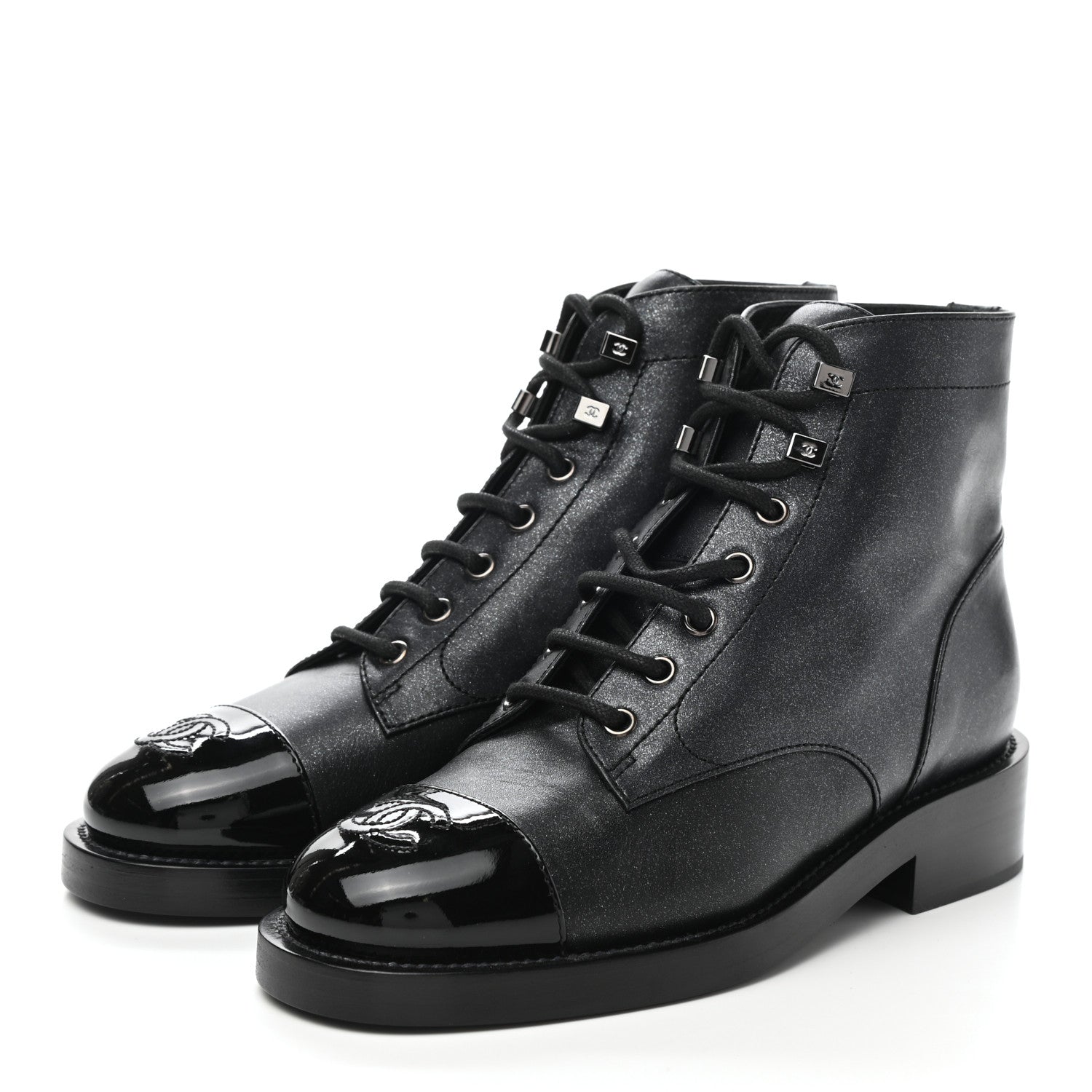 Chanel Glitter Calfskin Lace Up Combat Boots 36 Black 3 of 9