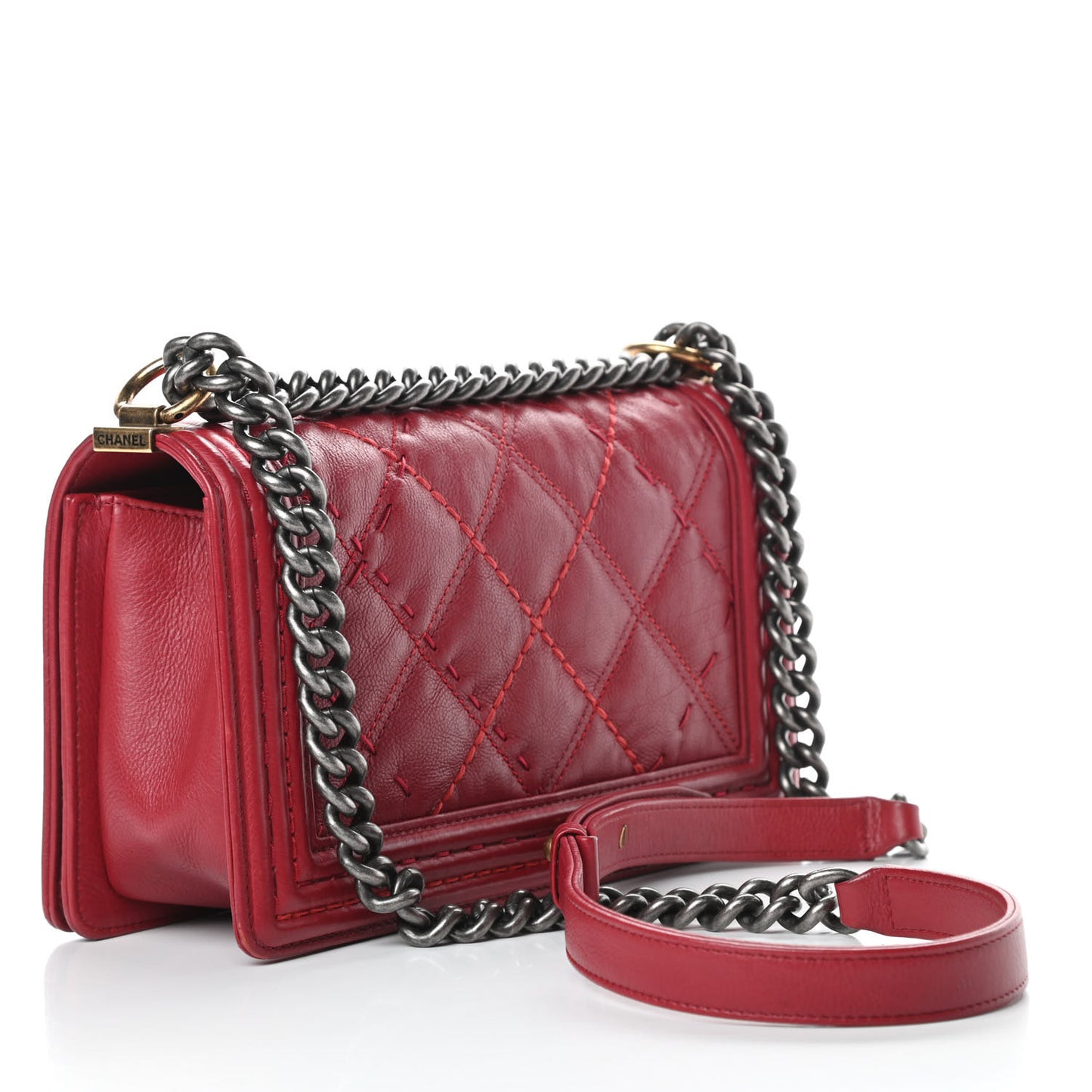 Calfskin Stitched Medium Boy Flap Red