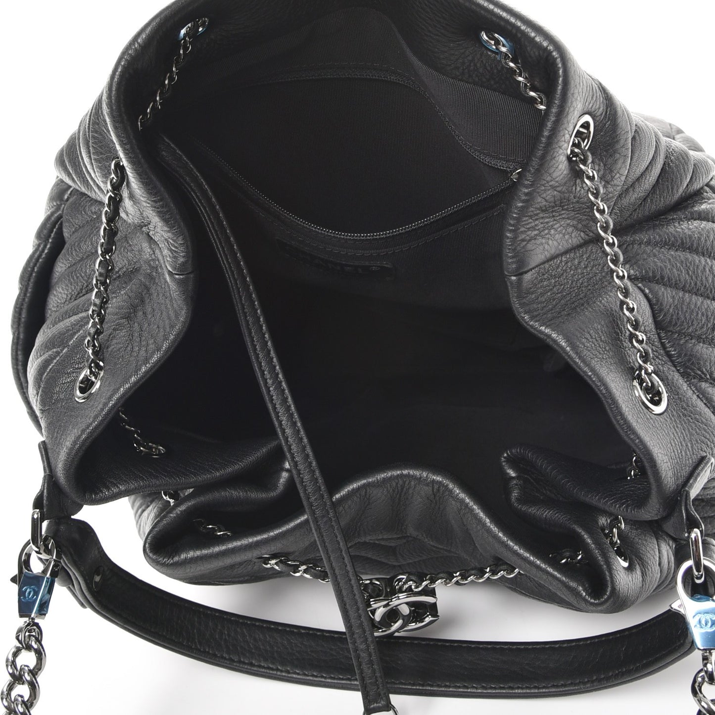 Deerskin Chevron Large CC Chain Bucket Drawstring Bag Black