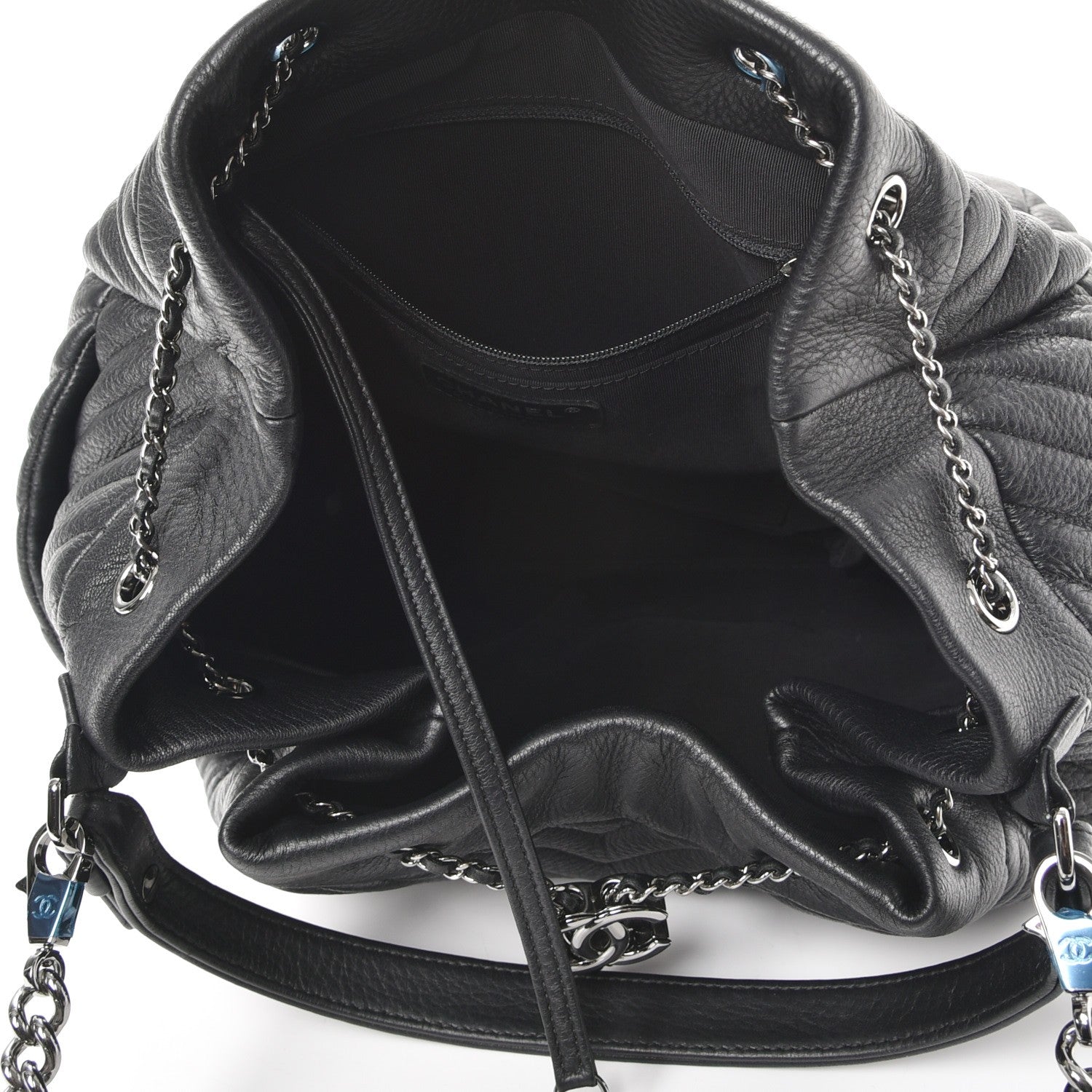 Chanel Deerskin Chevron Large CC Chain Bucket Drawstring Bag Black 5 of 8