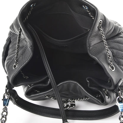 Chanel Deerskin Chevron Large CC Chain Bucket Drawstring Bag Black 5 of 8