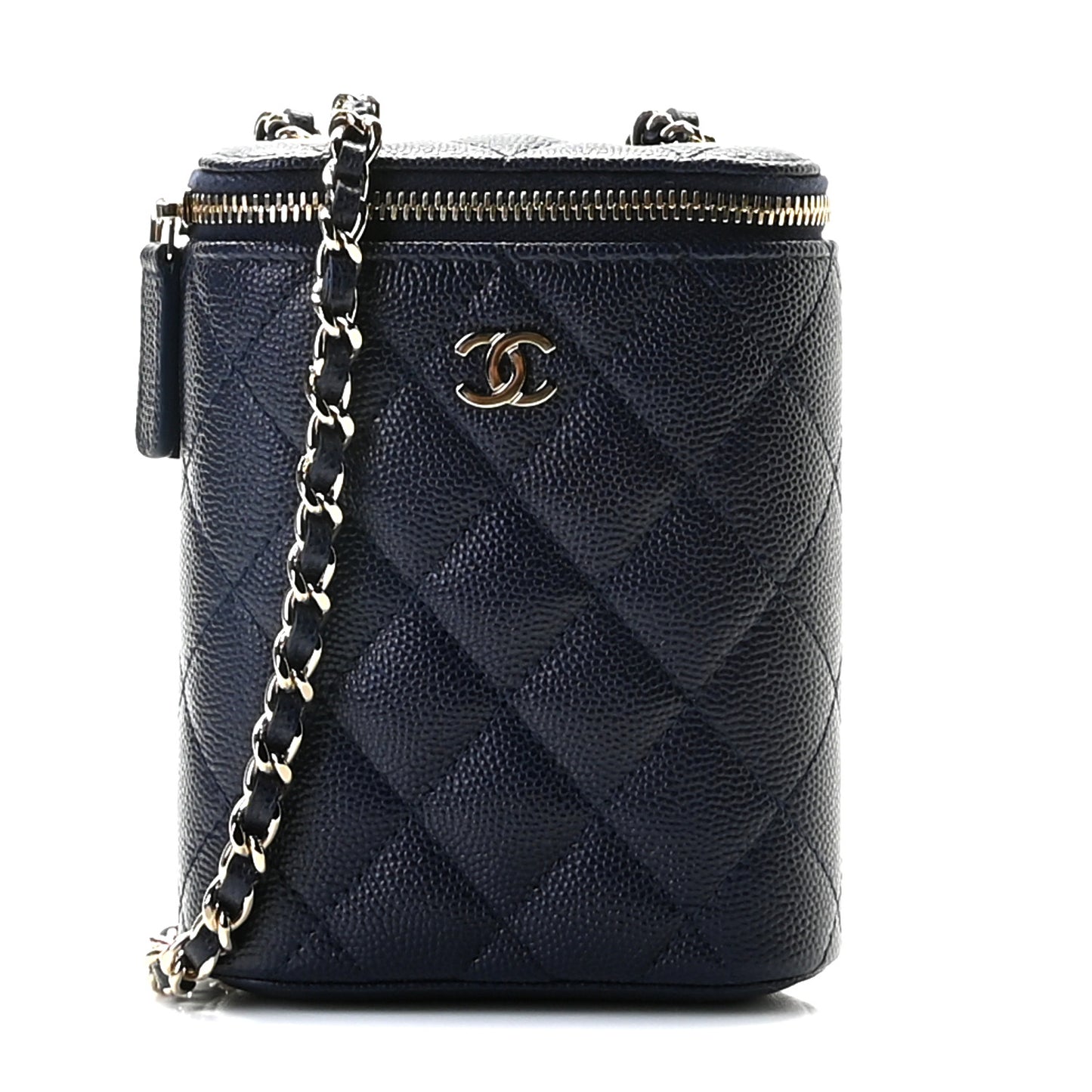 Caviar Quilted Small Vertical Coco Beauty Vanity Case With Chain Navy