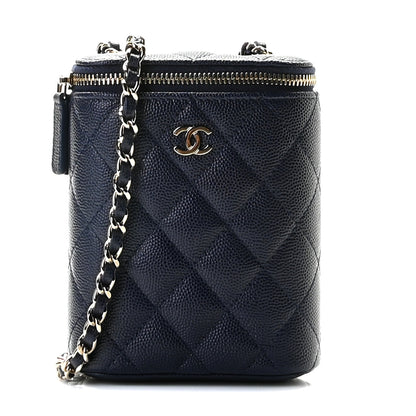 Chanel Caviar Quilted Small Vertical Coco Beauty Vanity Case With Chain Navy 1 of 9