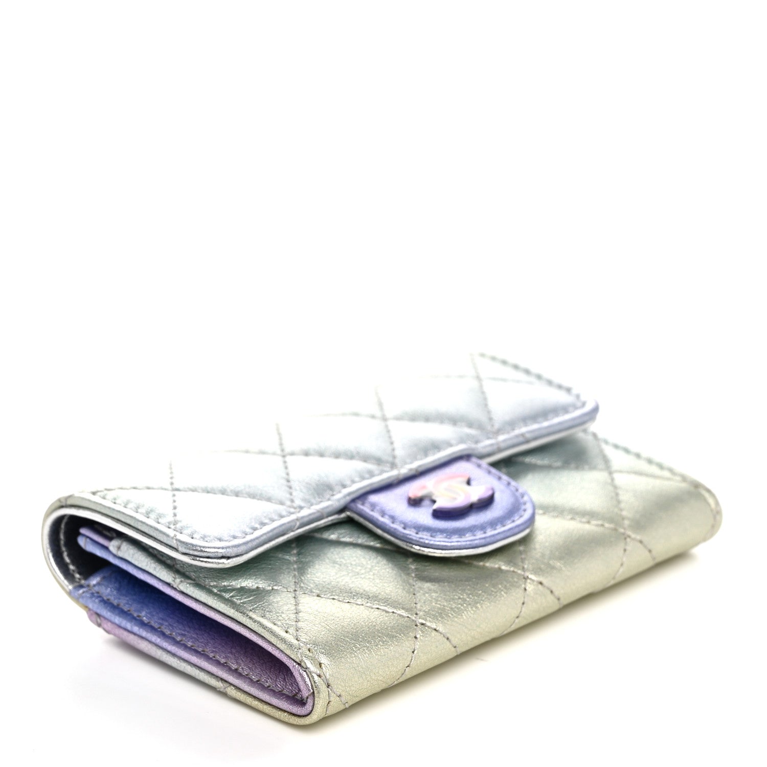 Chanel Gradient Metallic Calfskin Quilted Flap Card Holder Wallet Silver Blue Yellow Purple 4 of 9