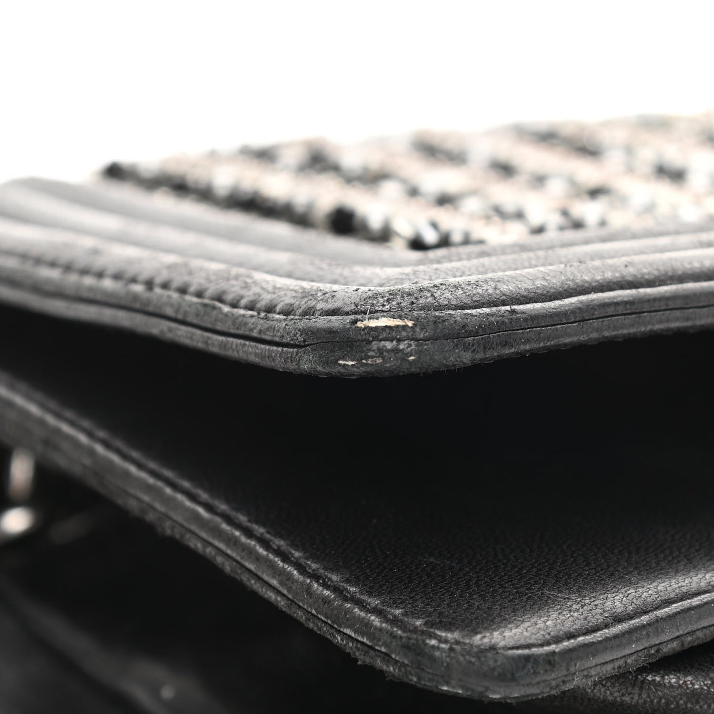 Lambskin Glass Pearl Embroidered Small Boy Flap Black