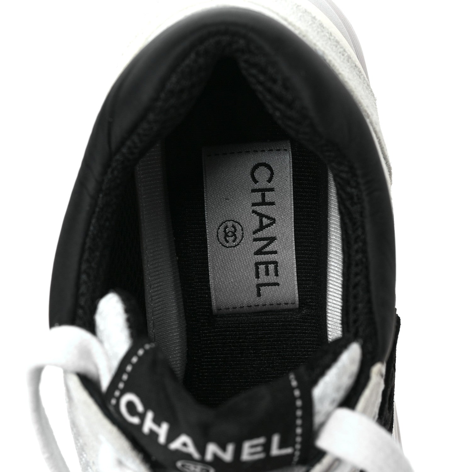 Chanel Mesh Suede Calfskin Grained Calfskin Womens CC Sneakers 37 White Black 7 of 10