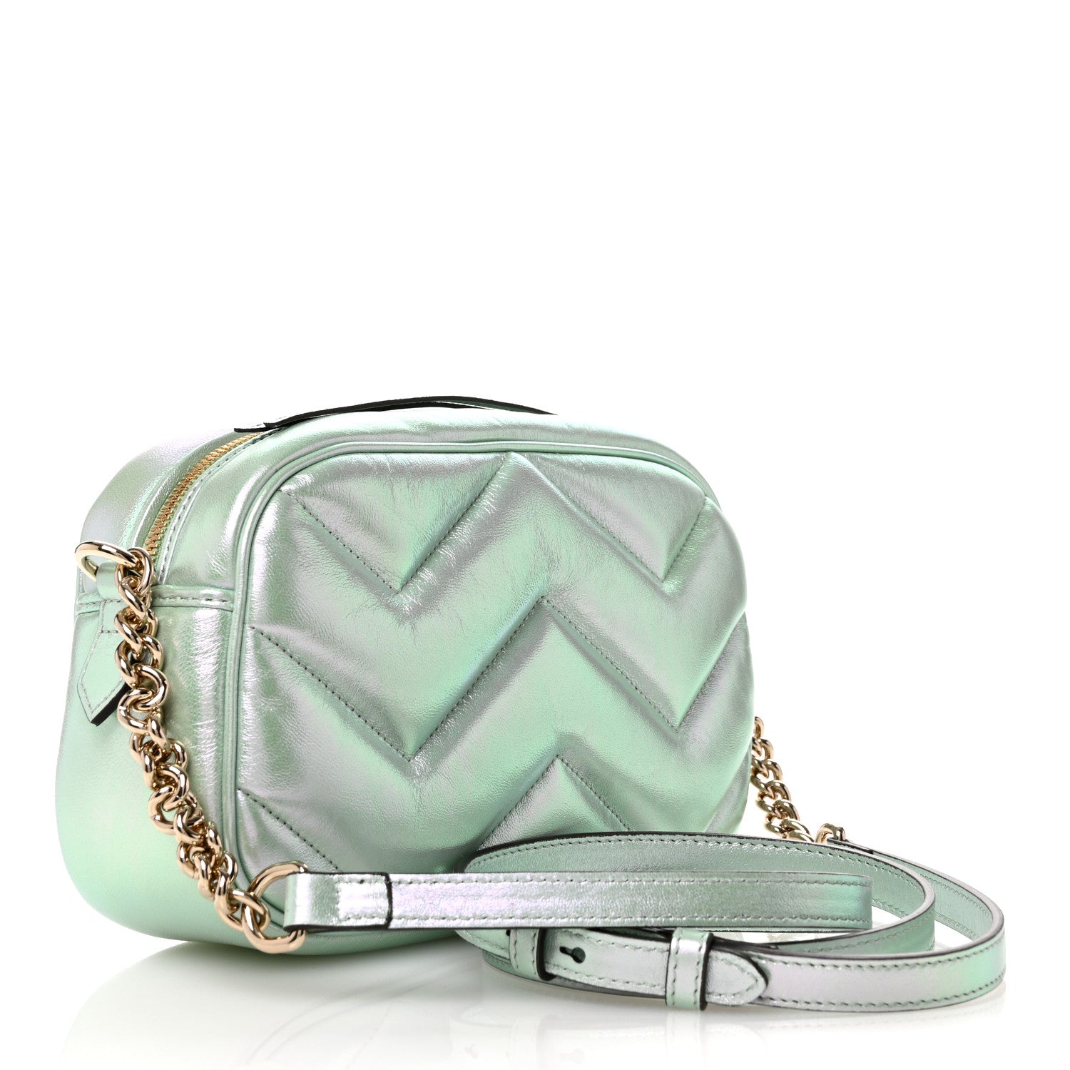 Gucci Iridescent Nappa Chevron Matelasse Small GG Marmont Chain Shoulder Bag Iridescent Salvy Green 3 of 10