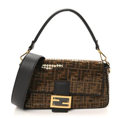 Fendi Fabric Jacquard Paillettes Vitello Seta FF 1974 Baguette Testa di Moro Real Ebano 1 of 10
