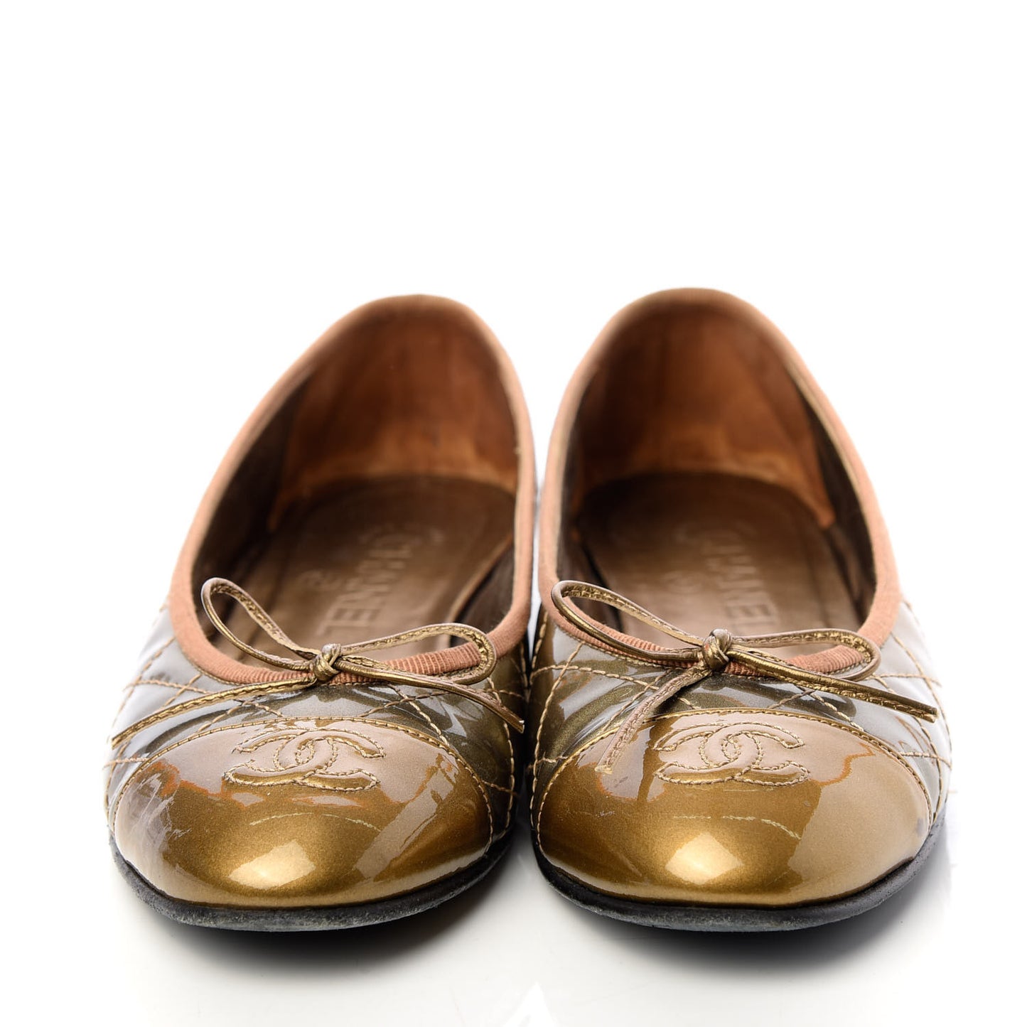 Metallic Patent Quilted CC Cap Toe Ballerina Flats 37.5 Bronze Grey