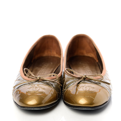 Chanel Metallic Patent Quilted CC Cap Toe Ballerina Flats 37.5 Bronze Grey 2 of 11