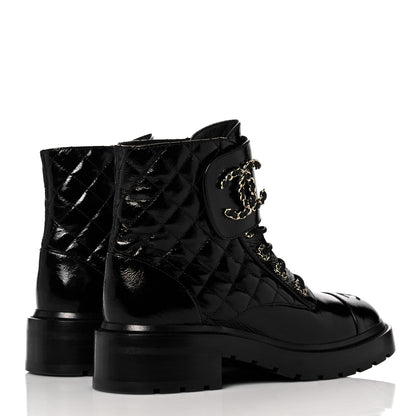 Chanel Shiny Calfskin Quilted Lace Up Combat Boots 38 Black 4 of 9