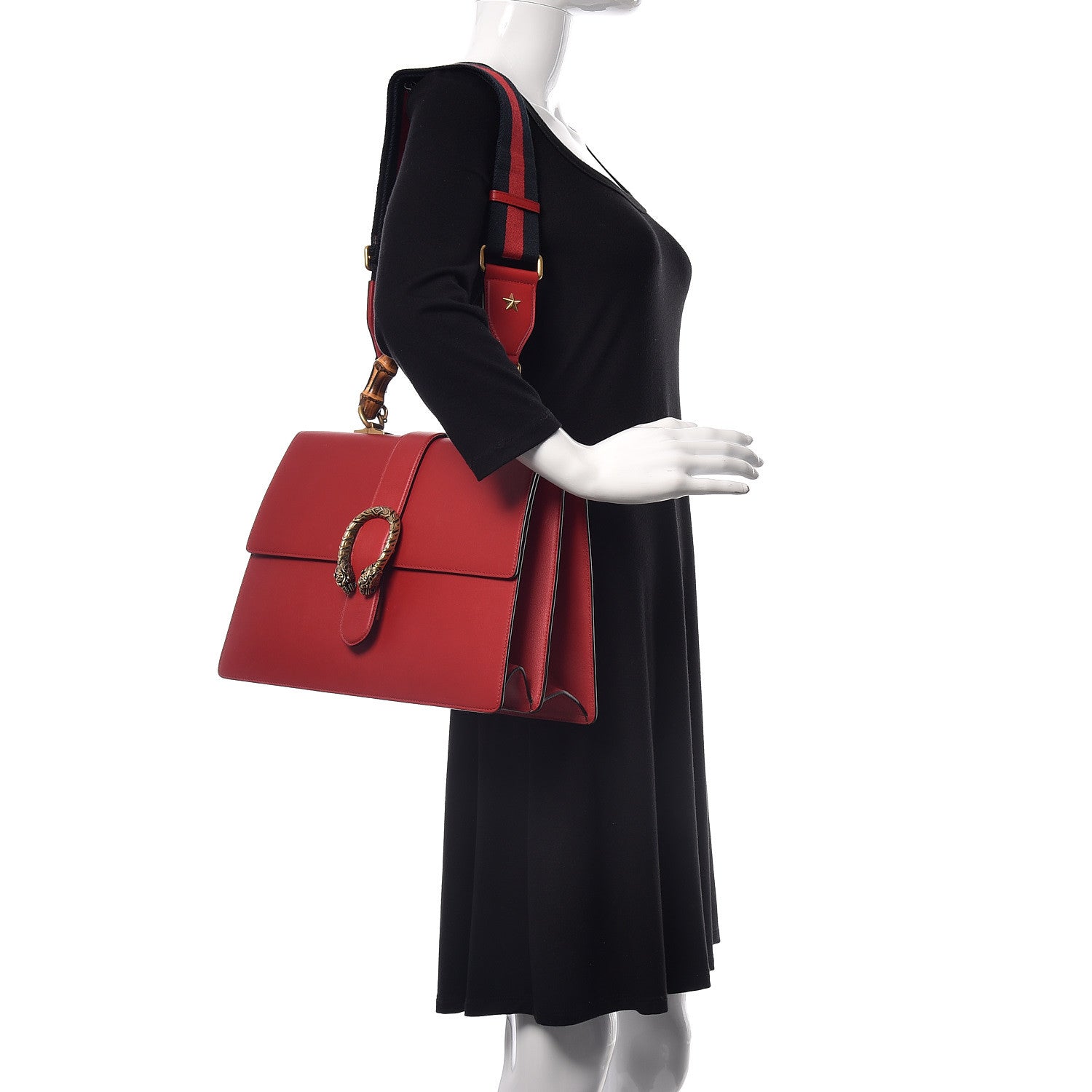 Gucci Moon Calfskin Web Large Dionysus Bamboo Top Handle Bag Hibiscus Red 2 of 10
