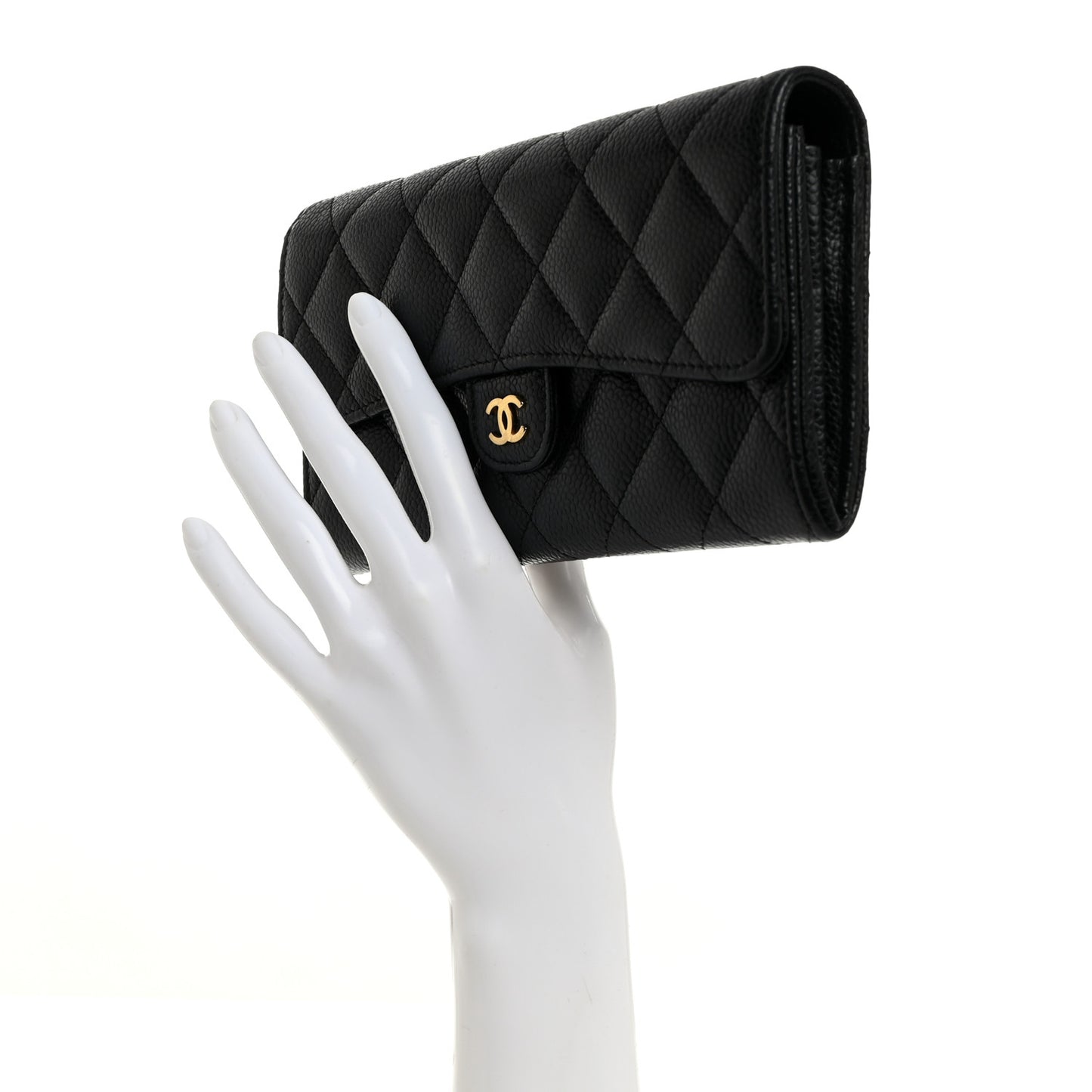 Caviar Quilted Large Gusset Flap Wallet Black