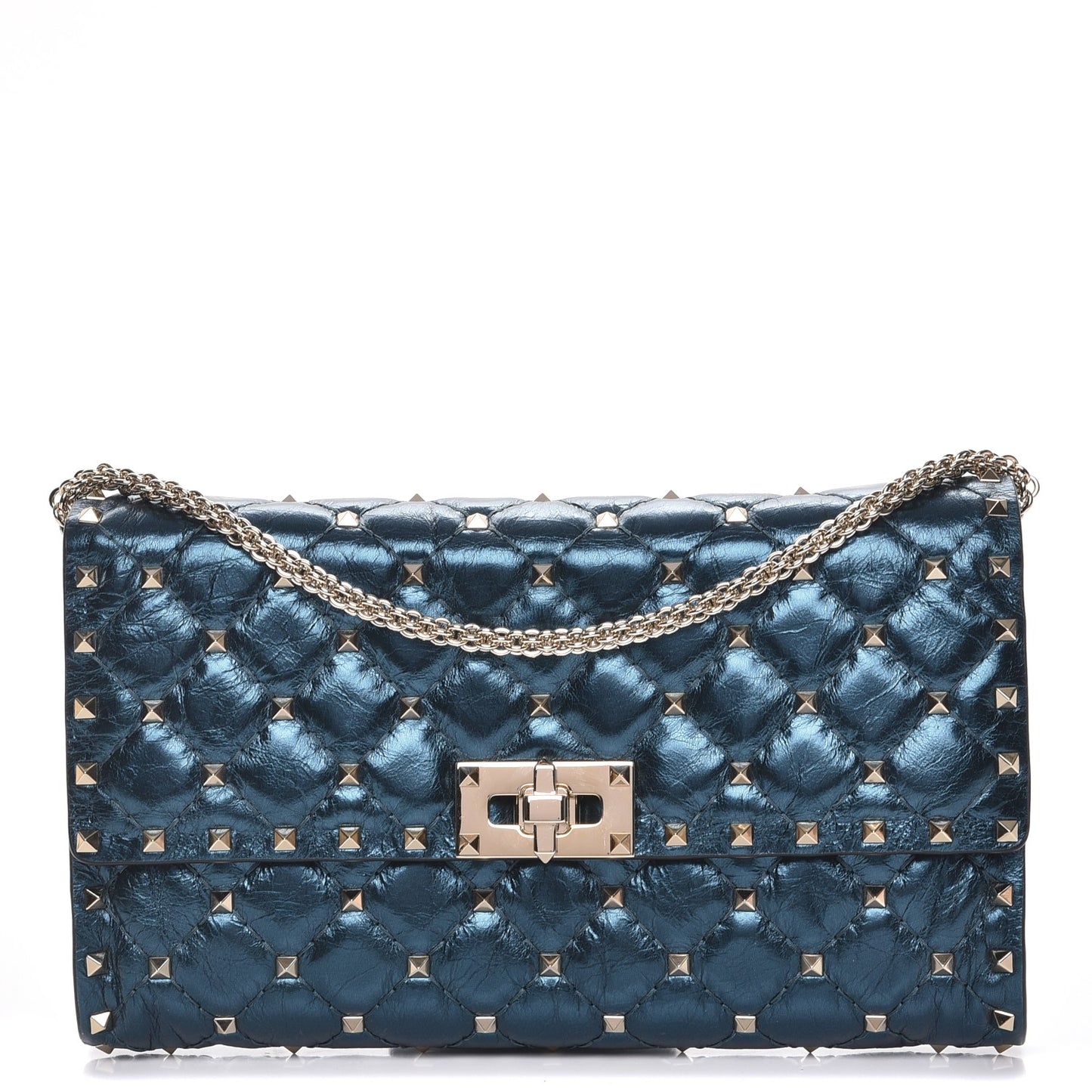 Metallic Wrinkled Lambskin Rockstud Spike Wallet On Chain Peacock