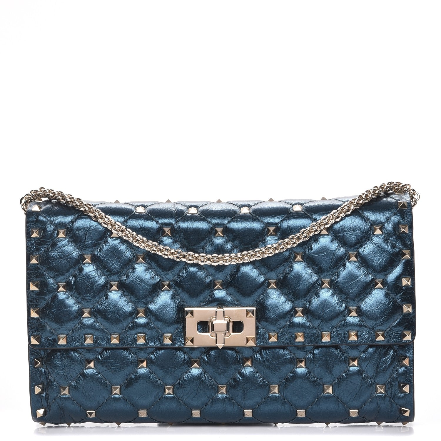 Valentino Garavani Metallic Wrinkled Lambskin Rockstud Spike Wallet On Chain Peacock 1 of 7