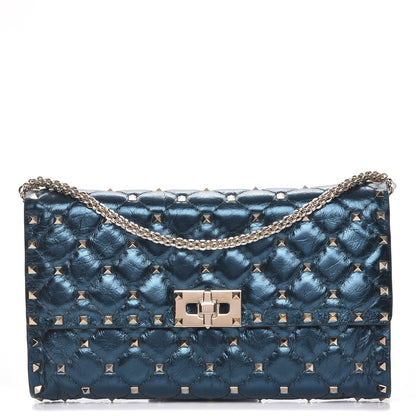 Valentino Garavani Metallic Wrinkled Lambskin Rockstud Spike Wallet On Chain Peacock 1 of 7