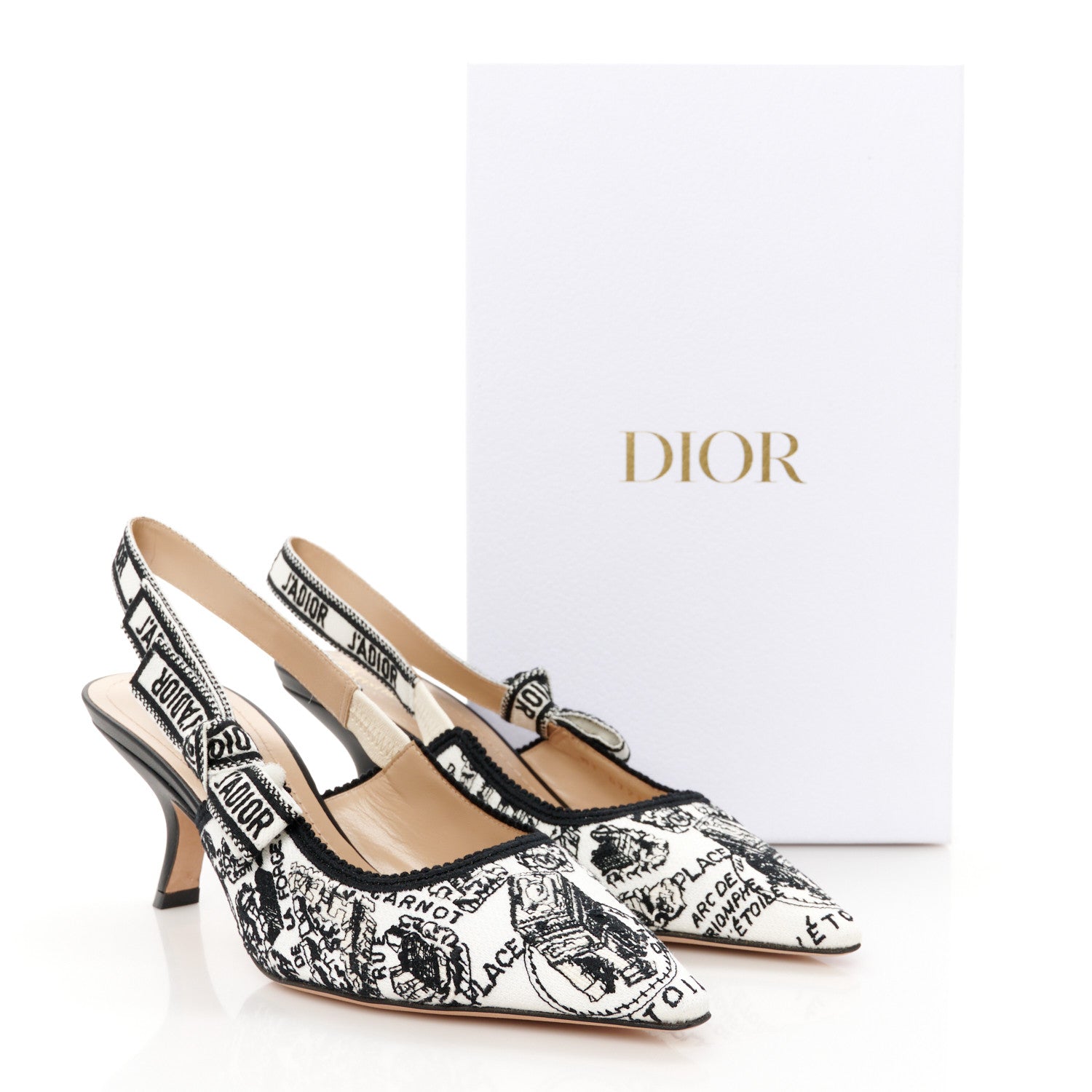 Christian Dior Canvas Embroidered Ribbon Plan De Paris Embroidered J'Adior Slingback 65mm Pumps 38.5 White Black 10 of 10