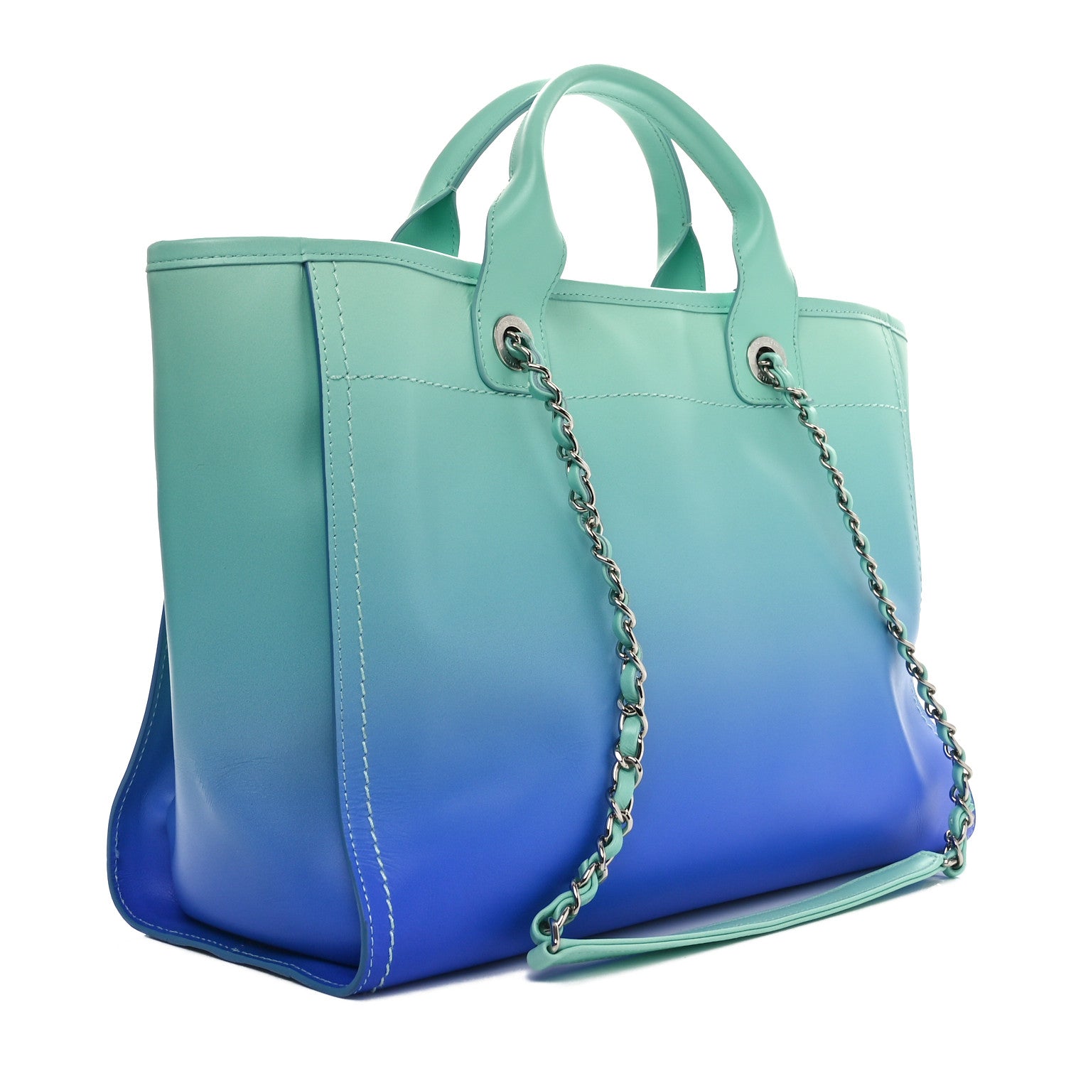 Chanel Shaded Calfskin Small Deauville Tote Light Green Turquoise Purple 4 of 12