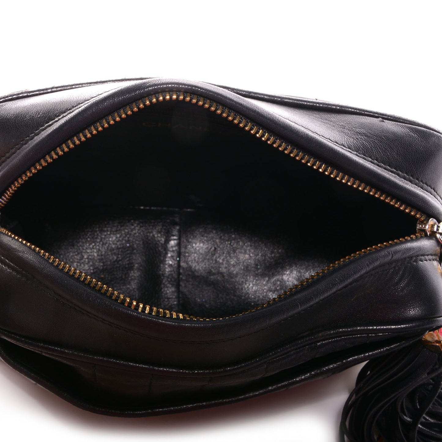 Lambskin Vertical Quilted Tassel Camera Case Black
