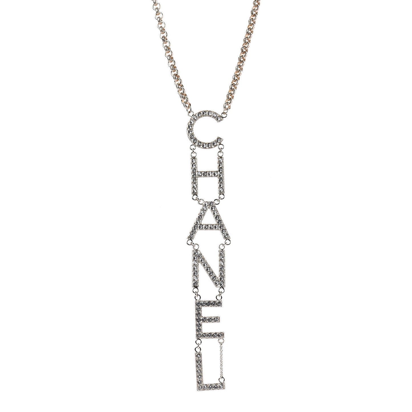 Metal Crystal Cha-Nel Logo Necklace Gold