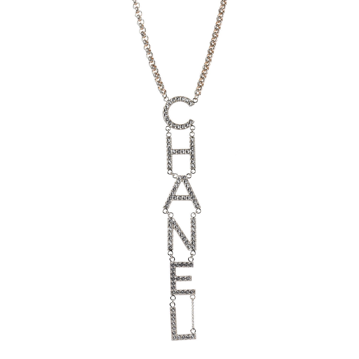 Chanel Metal Crystal Cha-Nel Logo Necklace Gold 1 of 5