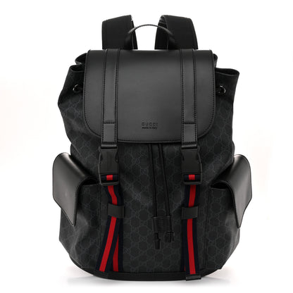 Gucci Soft GG Supreme Monogram Calfskin Web Double Buckle Backpack Black 1 of 11