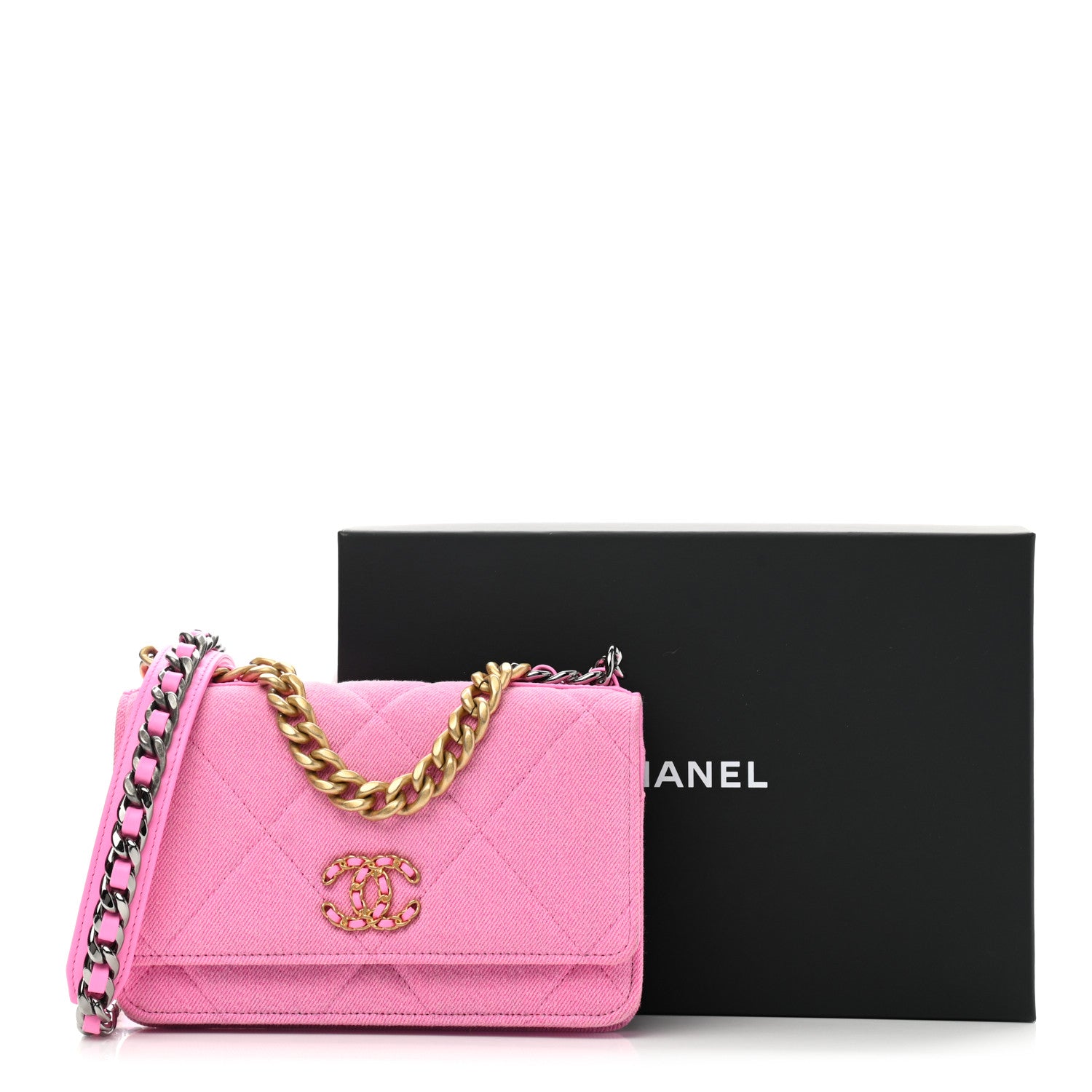 Chanel Denim Quilted Chanel 19 Wallet On Chain WOC Neon Pink 11 of 11