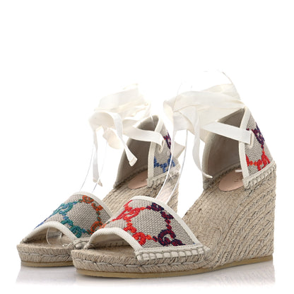 Gucci Linen Psychedelic Mini GG Monogram Ankle Wrap Platform Espadrille Wedge Sandals 39 Multicolor Mystic White 4 of 8