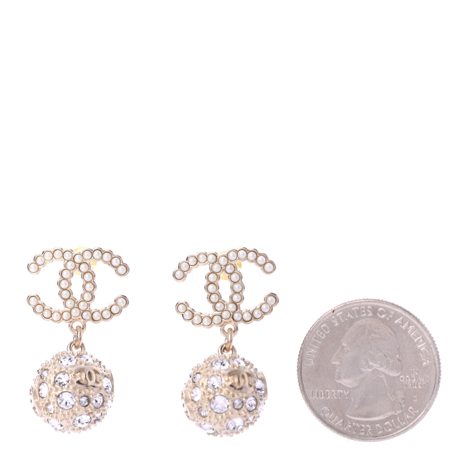 Chanel Crystal Pearl CC Drop Earrings Gold Pearly White 2 of 4