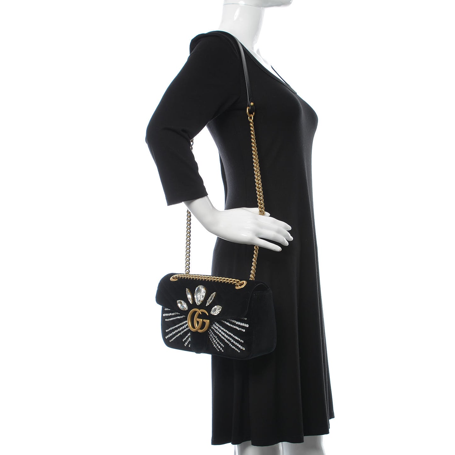 Velvet Matelasse Marquise Crystals Embroidered Small GG Marmont Shoulder Bag Black