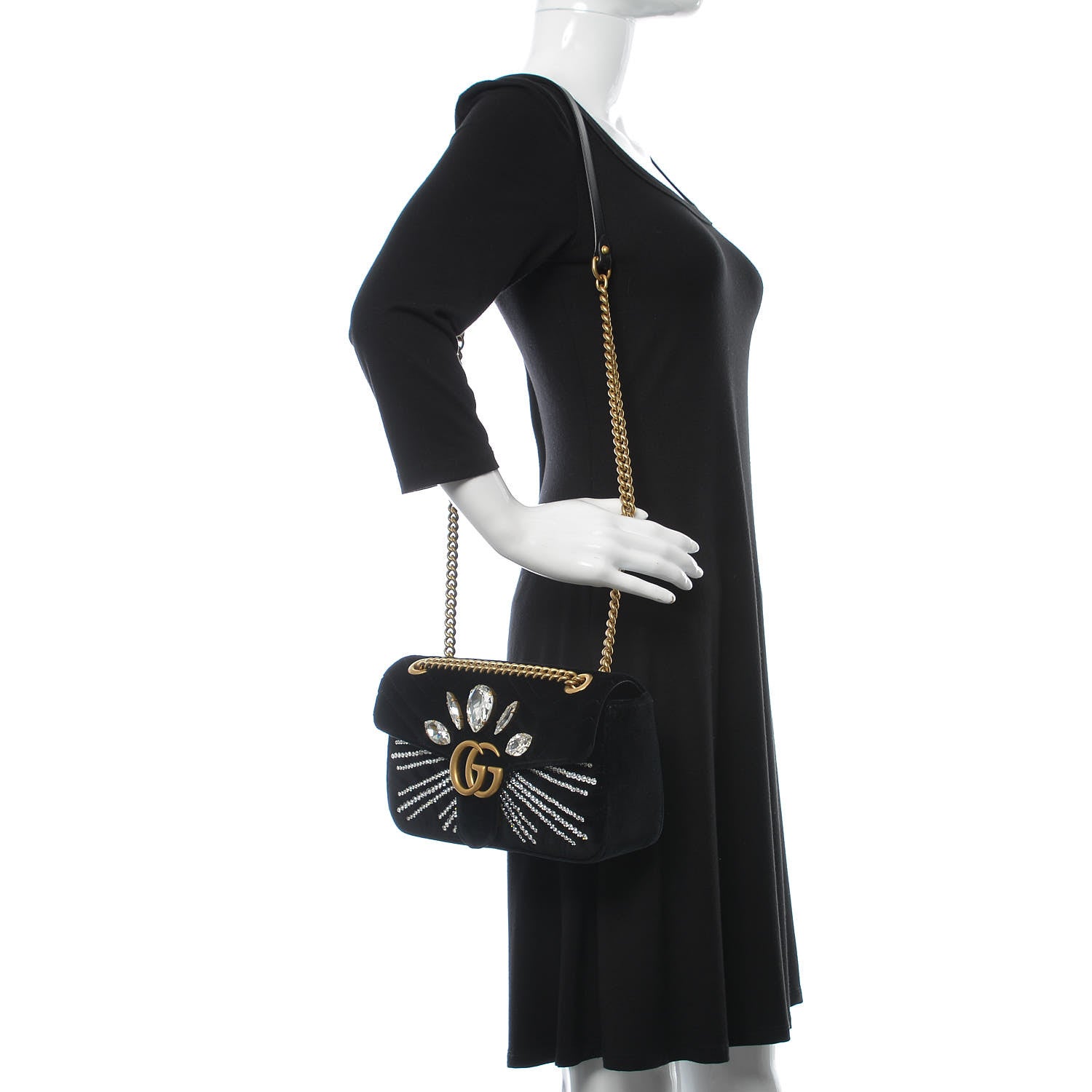 Gucci Velvet Matelasse Marquise Crystals Embroidered Small GG Marmont Shoulder Bag Black 2 of 11