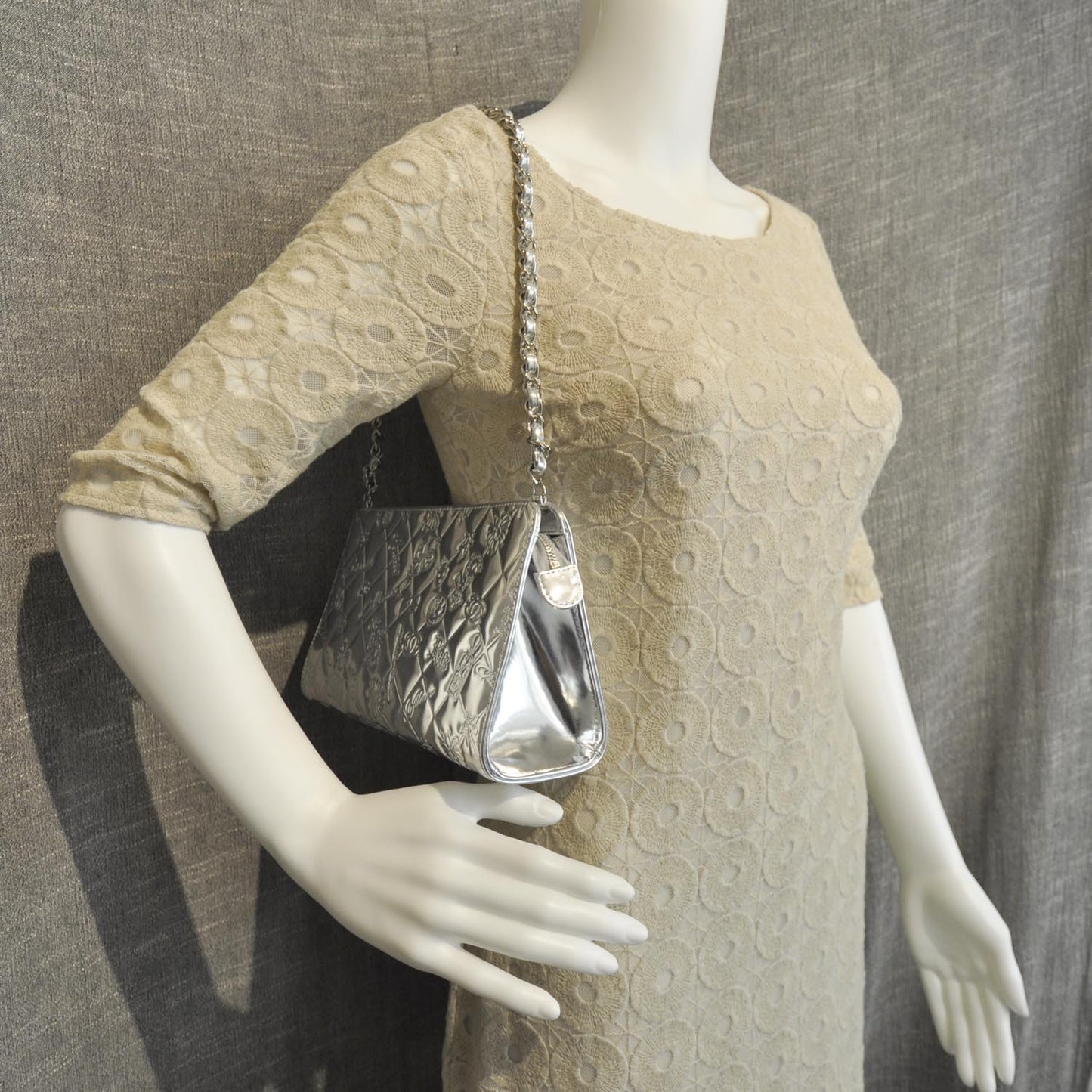 Metallic Patent Calfskin Lucky Symbols Pochette Silver