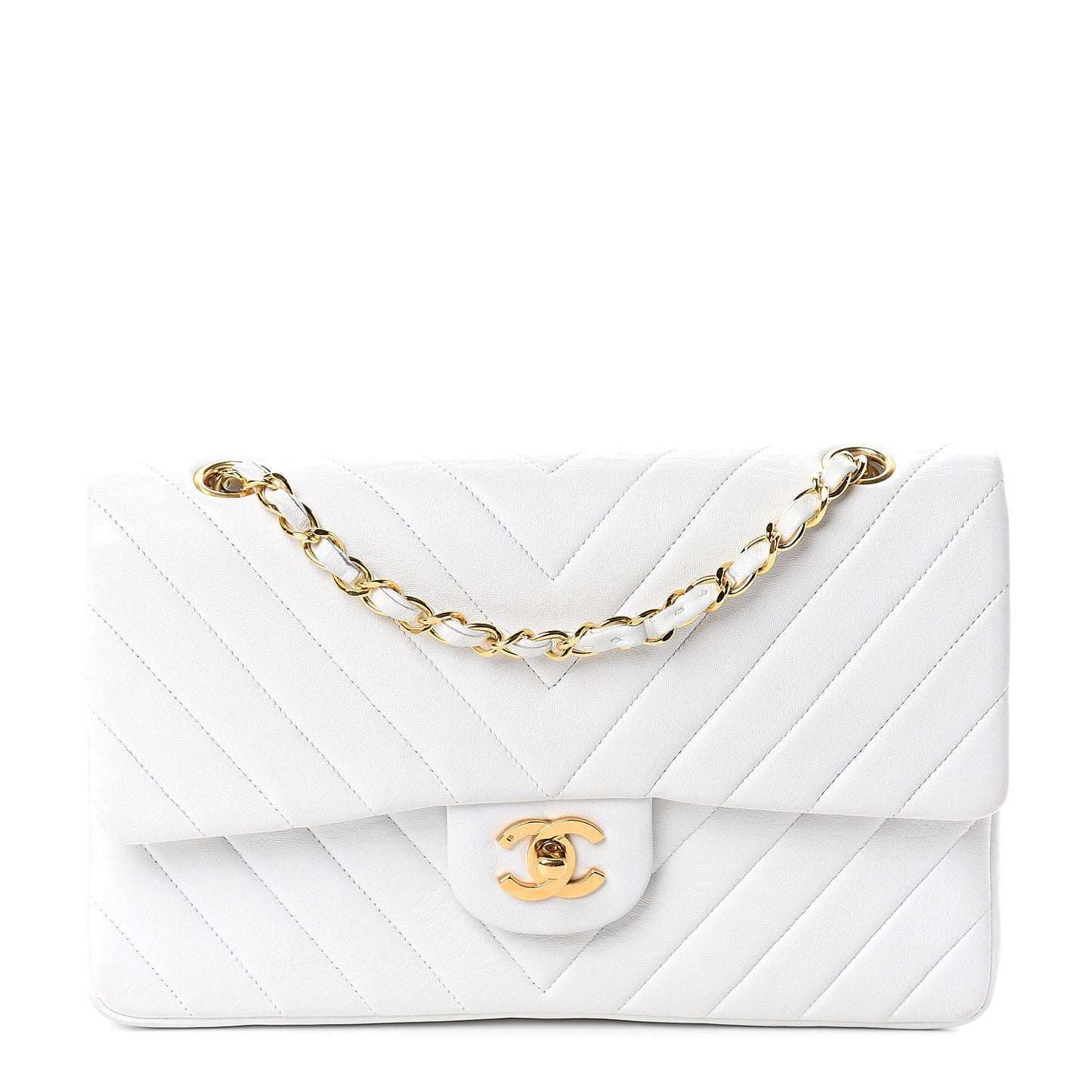 Calfskin Chevron Quilted Medium Double Flap White
