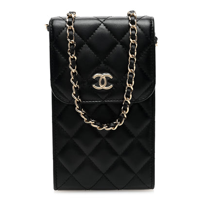 Chanel Lambskin Quilted Mini Camellia Bow Phone Holder Black 1 of 9