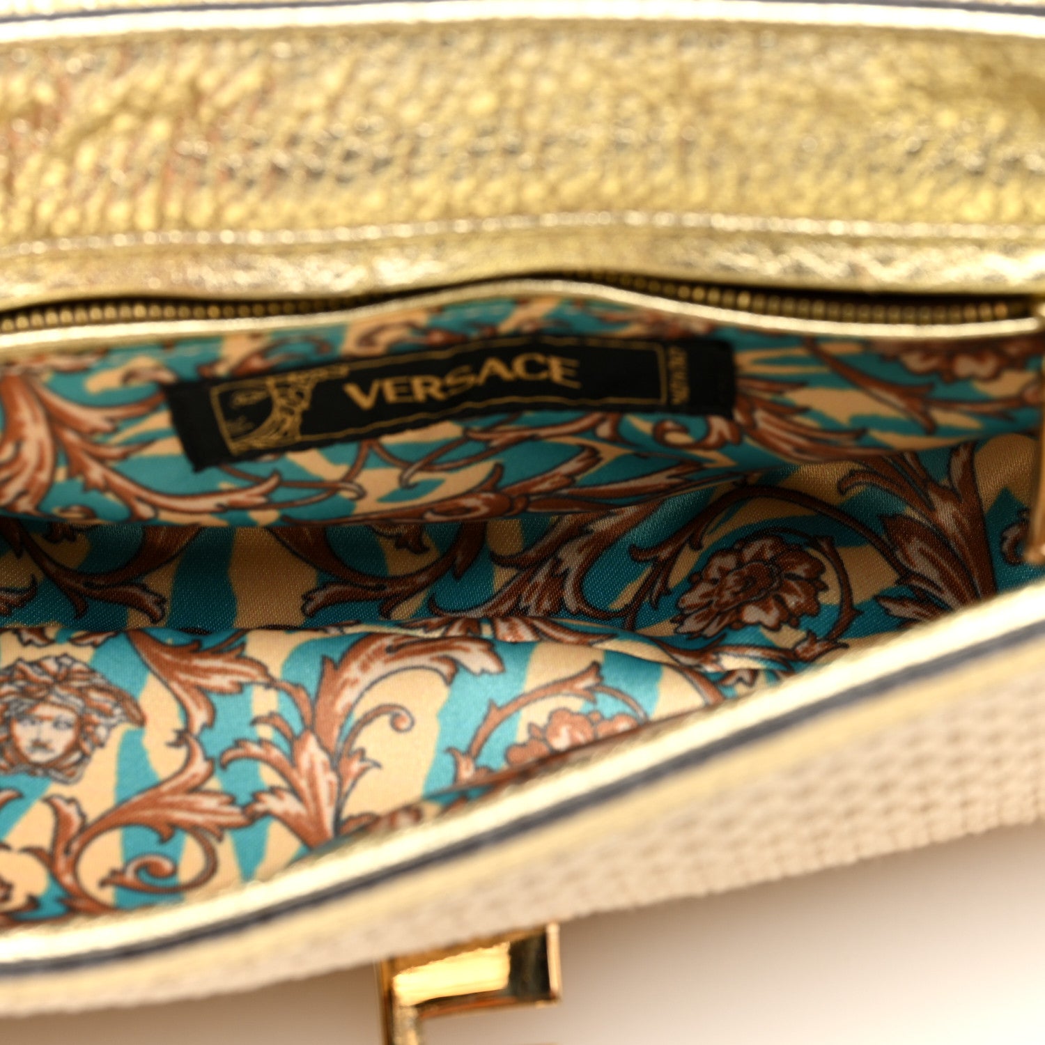 Versace Woven Canvas Metallic Calfskin Stitched Shoulder Bag Beige Gold 5 of 9